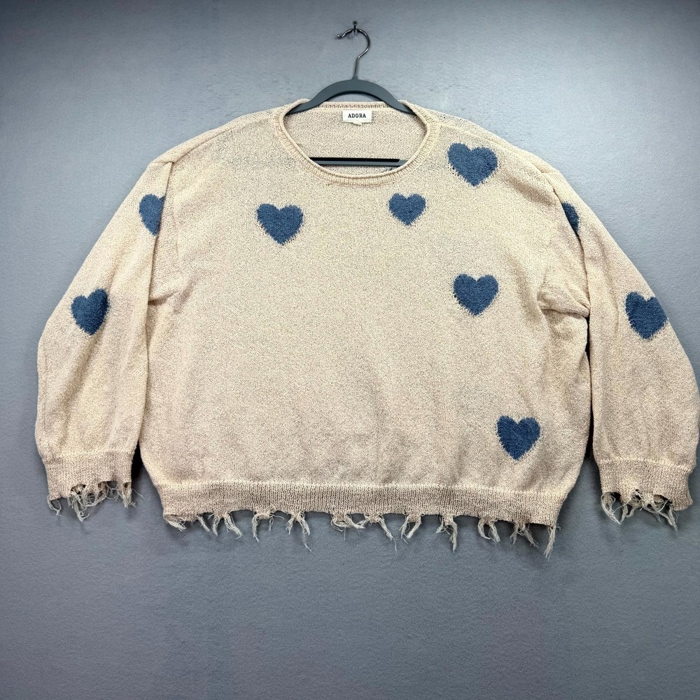 Adora Boutique Oversized Sweater Womens Large Beige Blue‎ Heart Knit Fringe Hem